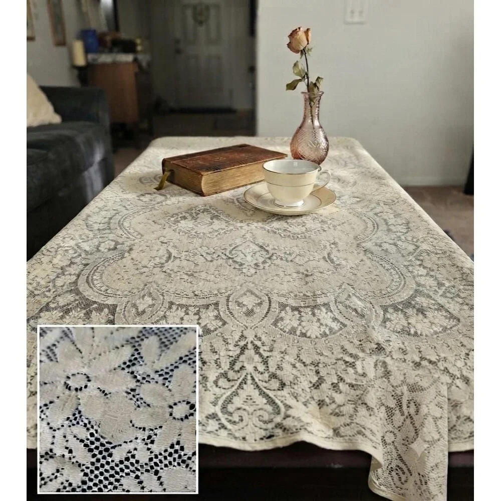 Vintage Irish Style Lace Tablecloth 72x60 Large Cream Floral Table Cover Linens